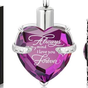 Stainless Steel Crystal Heart Cremation urn Necklace For Ashes Purple W Funnel